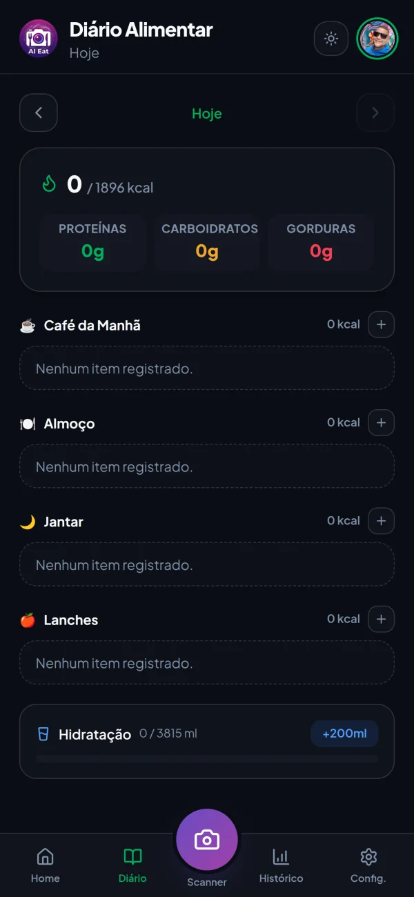 Tela real do diário alimentar do AI-Eat com refeições e calorias